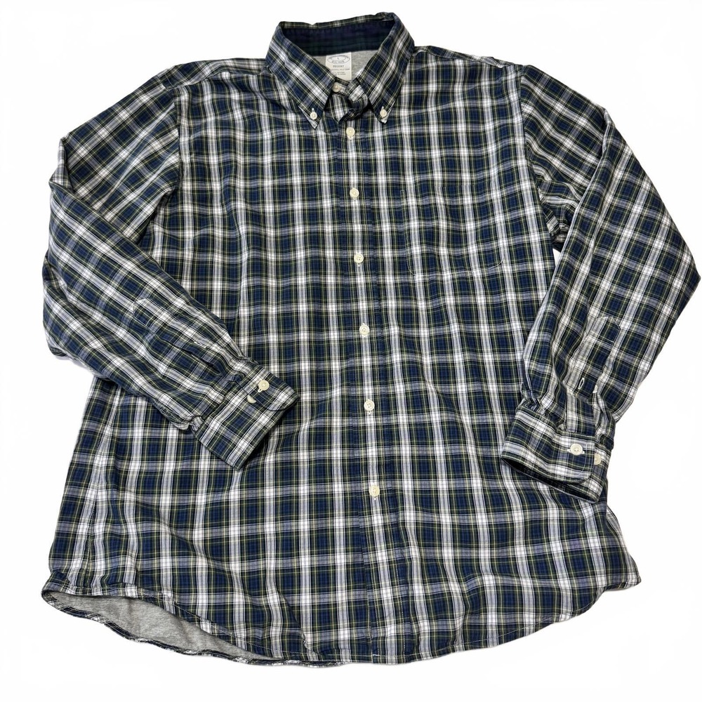 Brooks Brothers Regent Mens L Blue Green Plaid Jersey Lined Button Down Shirt